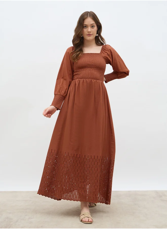 ستايلي Styli Women Rust Smocked Square Neck A-Line Maxi Dress with Schiffli Hem