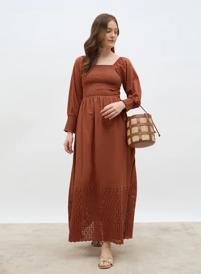 Styli Women Rust Smocked Square Neck A-Line Maxi Dress with Schiffli Hem