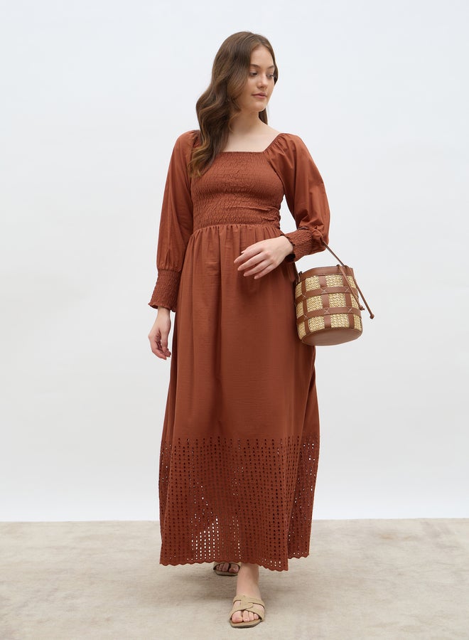Styli Women Rust Smocked Square Neck A-Line Maxi Dress with Schiffli Hem - Image 1