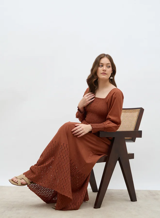 Styli Styli Women Rust Smocked Square Neck A-Line Maxi Dress with Schiffli Hem
