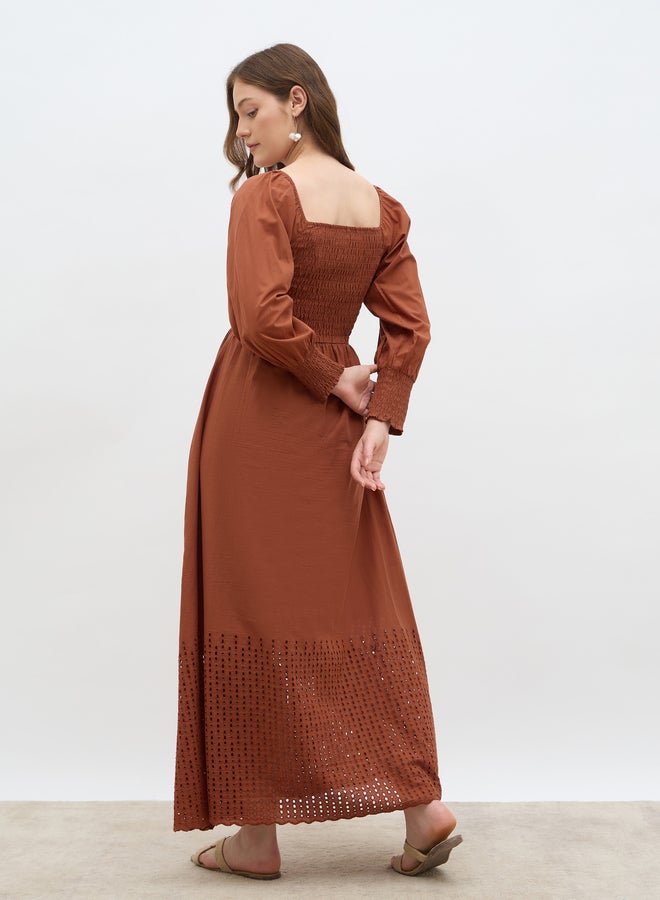 Styli Women Rust Smocked Square Neck A-Line Maxi Dress with Schiffli Hem - Image 5