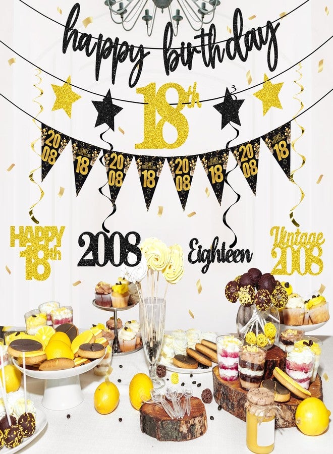 12 قطعة من زينة عيد الميلاد الثامن عشر للأولاد والبنات، لافتة عيد ميلاد سعيد عتيقة باللونين الأسود والذهبي لعام 2008، لافتة مثلثة الشكل مزينة بزخارف حلزونية لامعة، لوازم حفلات، زينة عيد ميلاد "هتافًا لعمر 18 عامًا" - Image 5