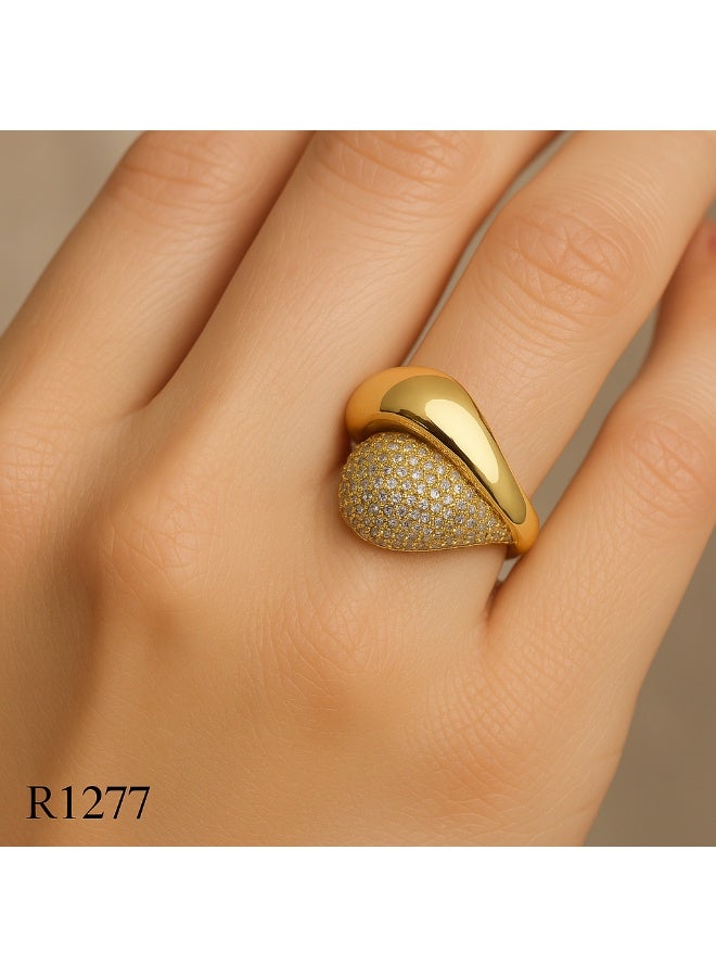 3Diamonds Gold-Plated Adjustable Ring with Full Micro-Zircon Detail – Bold & Elegant Design  - Image 1