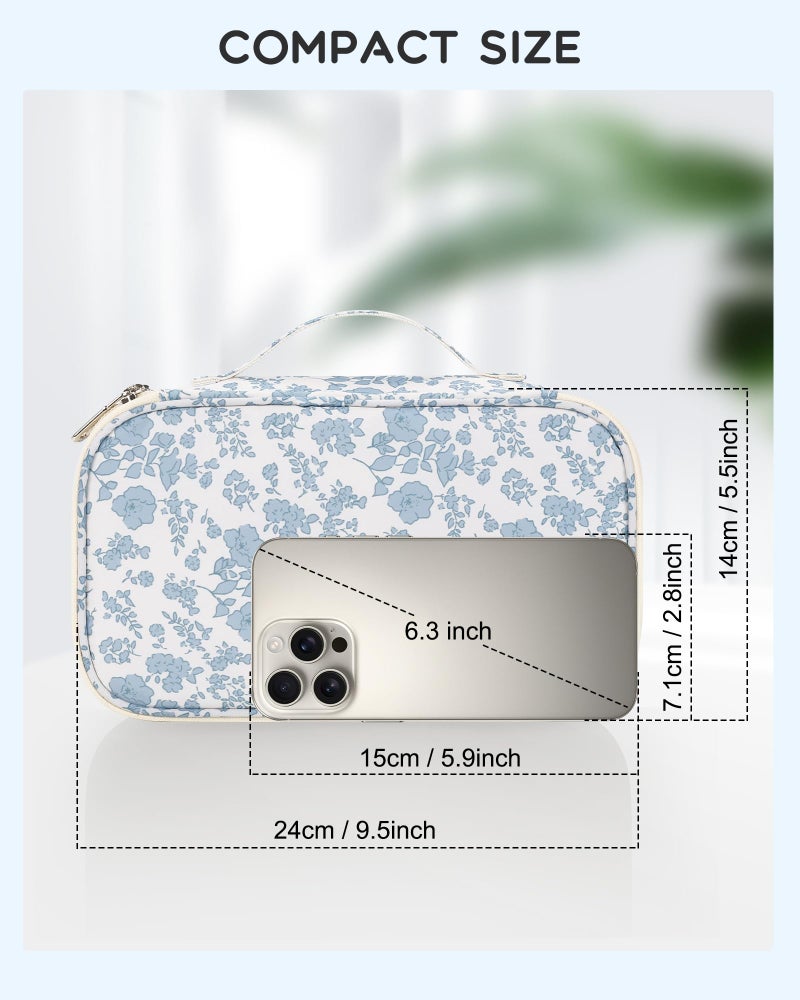 Relavel Travel Makeup Bag, Small Floral Cosmetic Bag with Makeup Brush Compartment, Portable Makeup Pouch for Women, Double Layer Makeup Organizer Bag Cute Toiletry Bag - Image 2