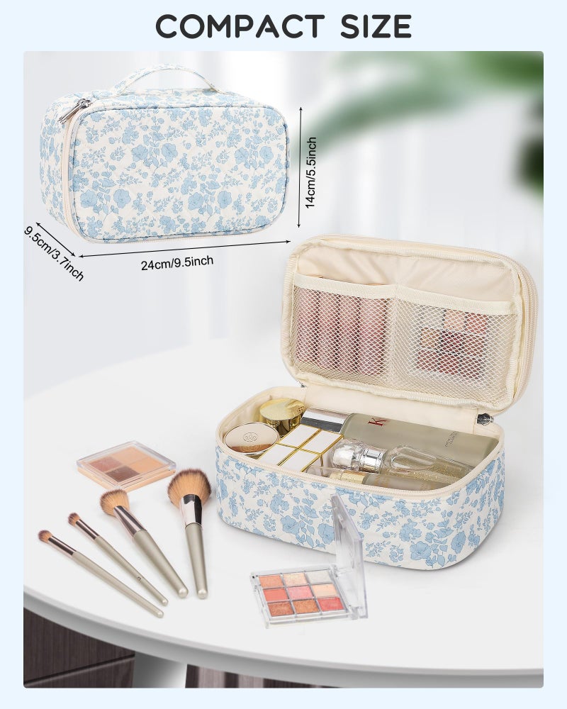 Relavel Travel Makeup Bag, Small Floral Cosmetic Bag with Makeup Brush Compartment, Portable Makeup Pouch for Women, Double Layer Makeup Organizer Bag Cute Toiletry Bag - Image 5