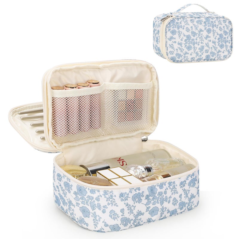 Relavel Travel Makeup Bag, Small Floral Cosmetic Bag with Makeup Brush Compartment, Portable Makeup Pouch for Women, Double Layer Makeup Organizer Bag Cute Toiletry Bag - Image 1