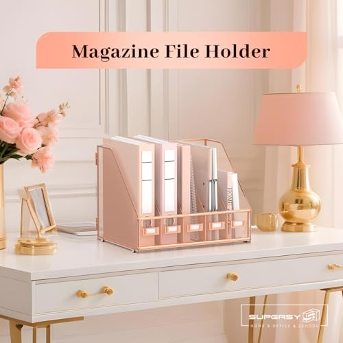 SUPEASY Desk Organizers Metal Desk Magazine File Holder with 5 Vertical Compartments Rack File Organizer for Office Desktop, Home Workspace, Rose Gold, Plus - Image 2