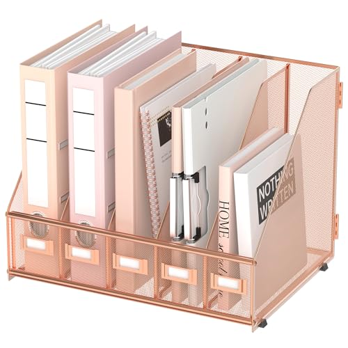 SUPEASY Desk Organizers Metal Desk Magazine File Holder with 5 Vertical Compartments Rack File Organizer for Office Desktop, Home Workspace, Rose Gold, Plus - Image 1