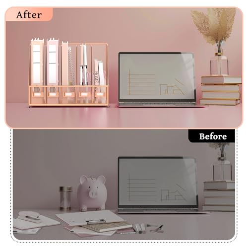 SUPEASY Desk Organizers Metal Desk Magazine File Holder with 5 Vertical Compartments Rack File Organizer for Office Desktop, Home Workspace, Rose Gold, Plus - Image 5