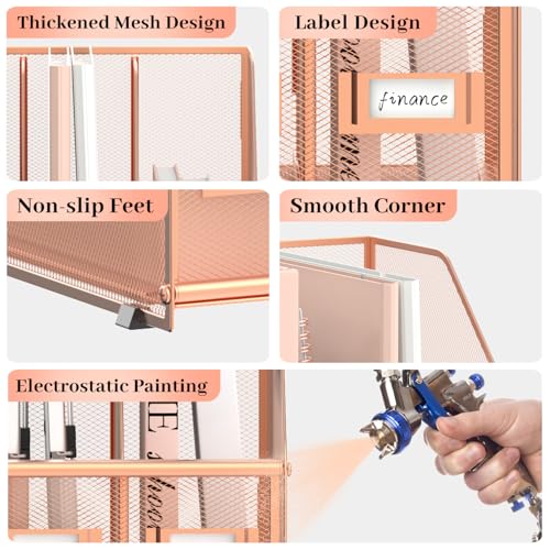 SUPEASY Desk Organizers Metal Desk Magazine File Holder with 5 Vertical Compartments Rack File Organizer for Office Desktop, Home Workspace, Rose Gold, Plus - Image 4