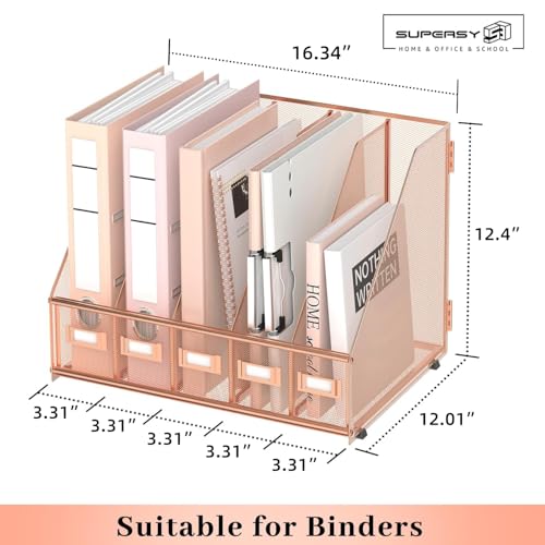 SUPEASY Desk Organizers Metal Desk Magazine File Holder with 5 Vertical Compartments Rack File Organizer for Office Desktop, Home Workspace, Rose Gold, Plus - Image 3