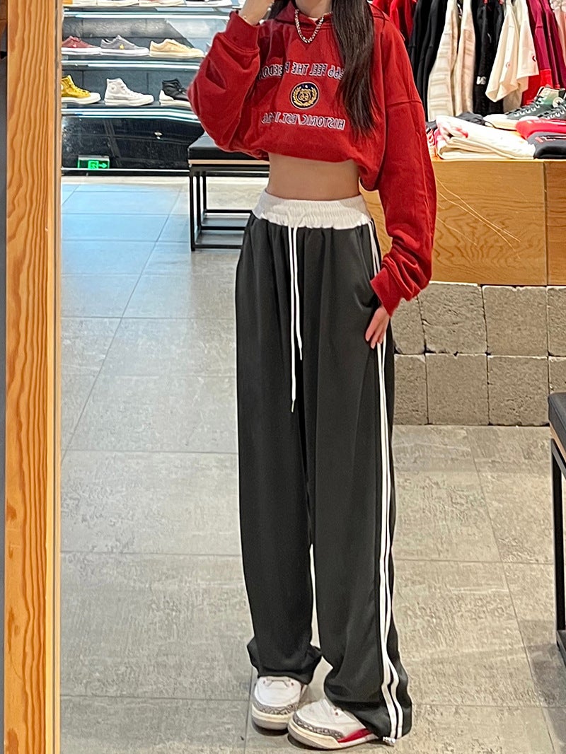 Casual Sports Pants Womens Autumn New Korean-style High Waist Loose Straight Tube Long Pants with Bar Stitching Trendy Sweatpants Dark gray 