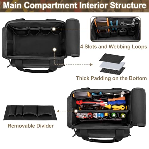 Rexmica 12-Inch Tool Bag with Anti-friction Bottom, Hand Tool Storage Organizer Bag for Men, Tactical Range Bag, Multi-purpose Work Tote for Repairman, Electrician, Carpenters, Handyman, Black - Image 2