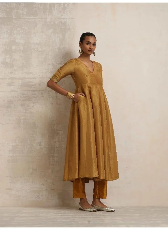 ترو برونز trueBrowns Gold Tissue Flared Anarkali Kurta Set