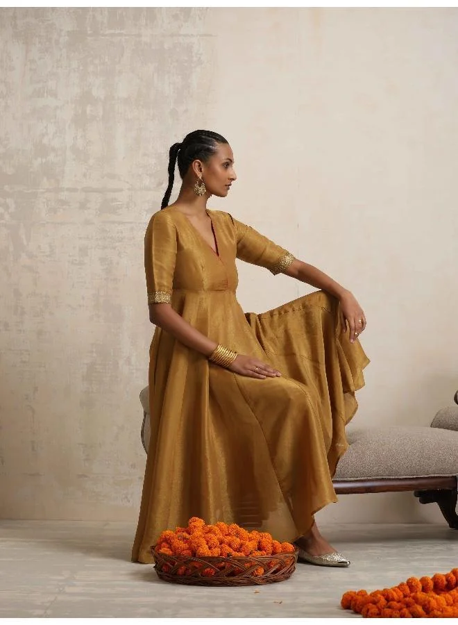 ترو برونز trueBrowns Gold Tissue Flared Anarkali Kurta Set