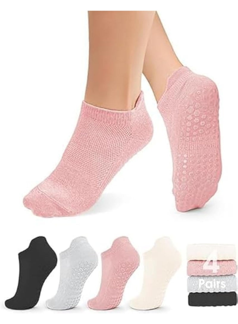HZYH 4 Pairs Non Slip Pilates Socks with Grips for Women, Grip Socks for Women, Workout Sticky Slipper Socks, Grip Socks for Yoga Ballet Workout Anti Skid Athletic Socks - Image 1