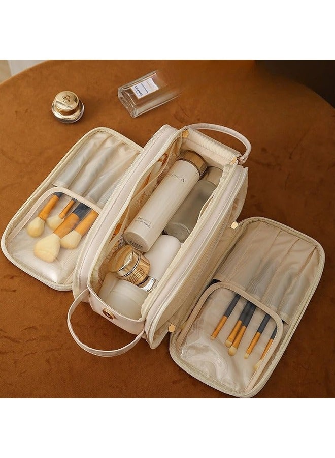 حقيبة مستحضرات تجميل كبيرة السعة للسفر، حقيبة أدوات زينة من جلد البولي يوريثان بسحاب لأدوات الزينة، مستحضرات التجميل، فرشاة المكياج، حقيبة تنظيم مكياج محمولة مقاومة للماء للسفر والاستخدام المنزلي - Image 5