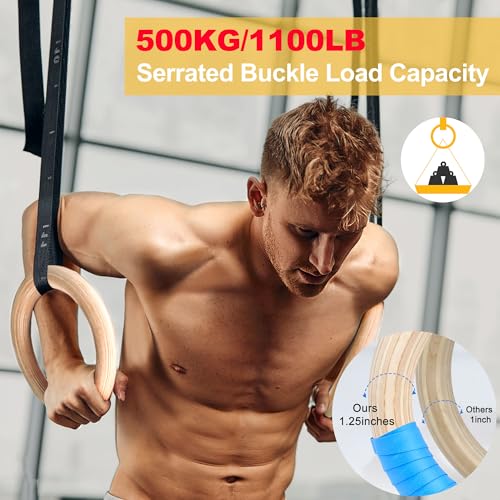 ZILLEEN Wooden 125 Gymnastics Rings Olympic Rings with Adjustable Straps for Pull Up Bar Exercise Men Gym Kids - Image 3