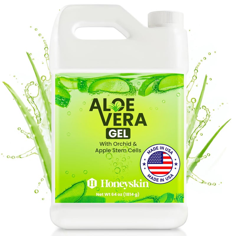 Honeyskin Organic Aloe Vera Gel - 100% Pure for Skin, Sunburn Relief & Face Moisturizer - Extracted from Aloe Vera Plant with Manuka Honey, Orchid & Apple Stem Cells - Everyday Use - 64 fl oz - Image 1
