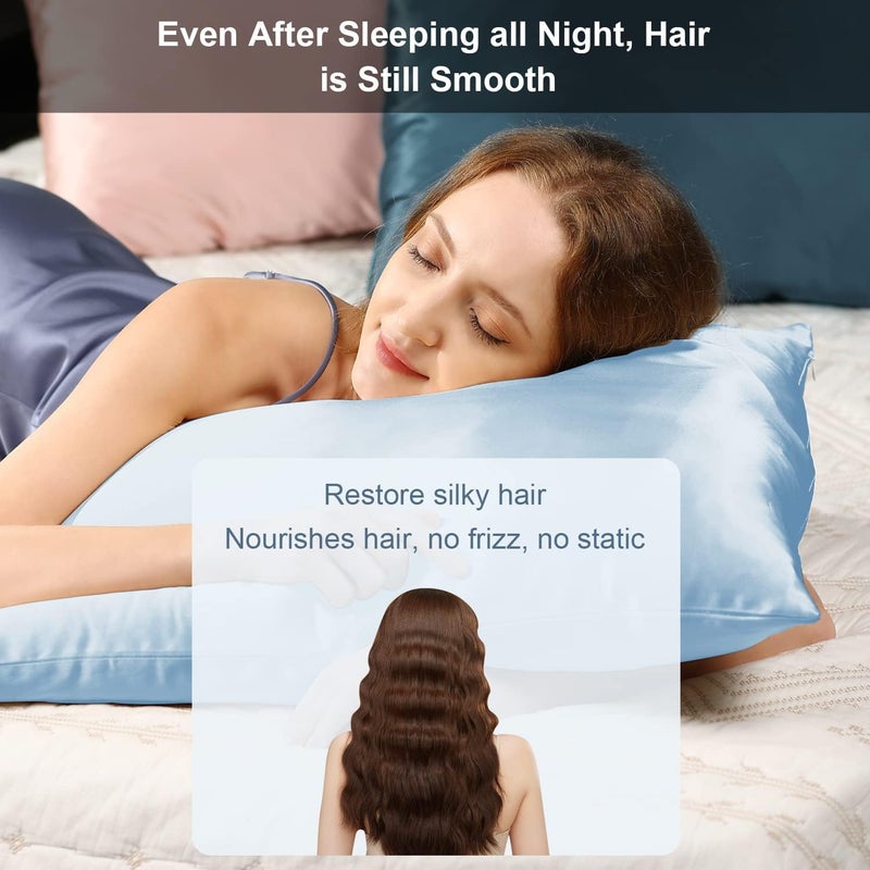 Ravmix Silk Pillowcase for Hair and Skin with Hidden Zipper, Ravmix Both Sides 21Momme Mulberry Silk Cooling Pillow Case Standard Size 20Ã—26inches, 1PCS, Light Blue - Image 2