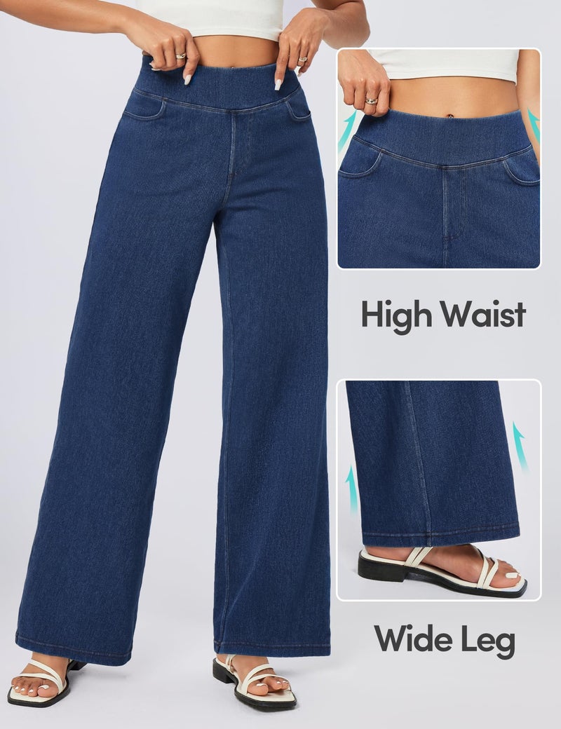 IUGA Wide Leg Jeans Woman High Waisted Pull On Baggy Jeans for Women Stretchy Trendy Womens Jean Straight Casual Denim Pants Dark Blue - Image 4