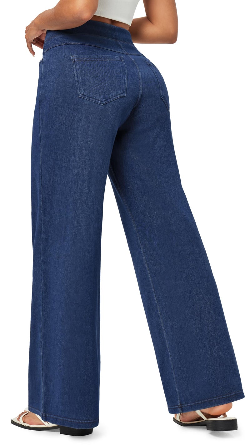 IUGA Wide Leg Jeans Woman High Waisted Pull On Baggy Jeans for Women Stretchy Trendy Womens Jean Straight Casual Denim Pants Dark Blue - Image 1