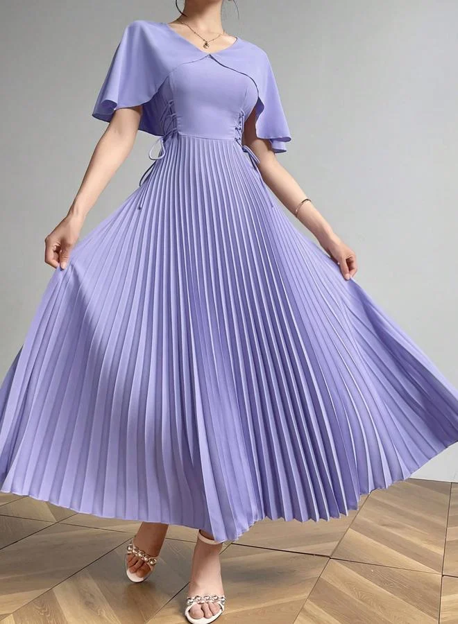 Take Two Purple Solid Cape Sleeves Pleated A-Line Maxi Dress