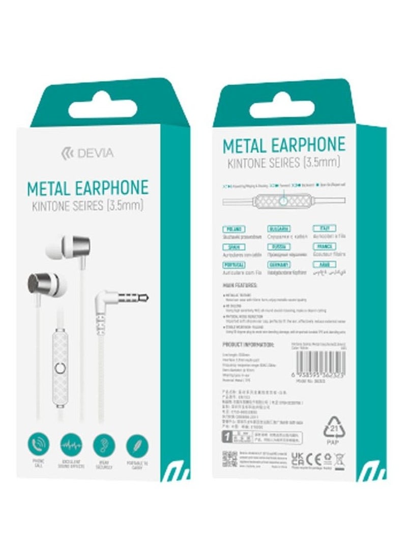 devia - METAL EARPHONE KINTONE SEIRES FROM DEVIA WITH 90 DEGREE PLUG 3.5MM Perfect for HD calls and games - WHITE - Image 1