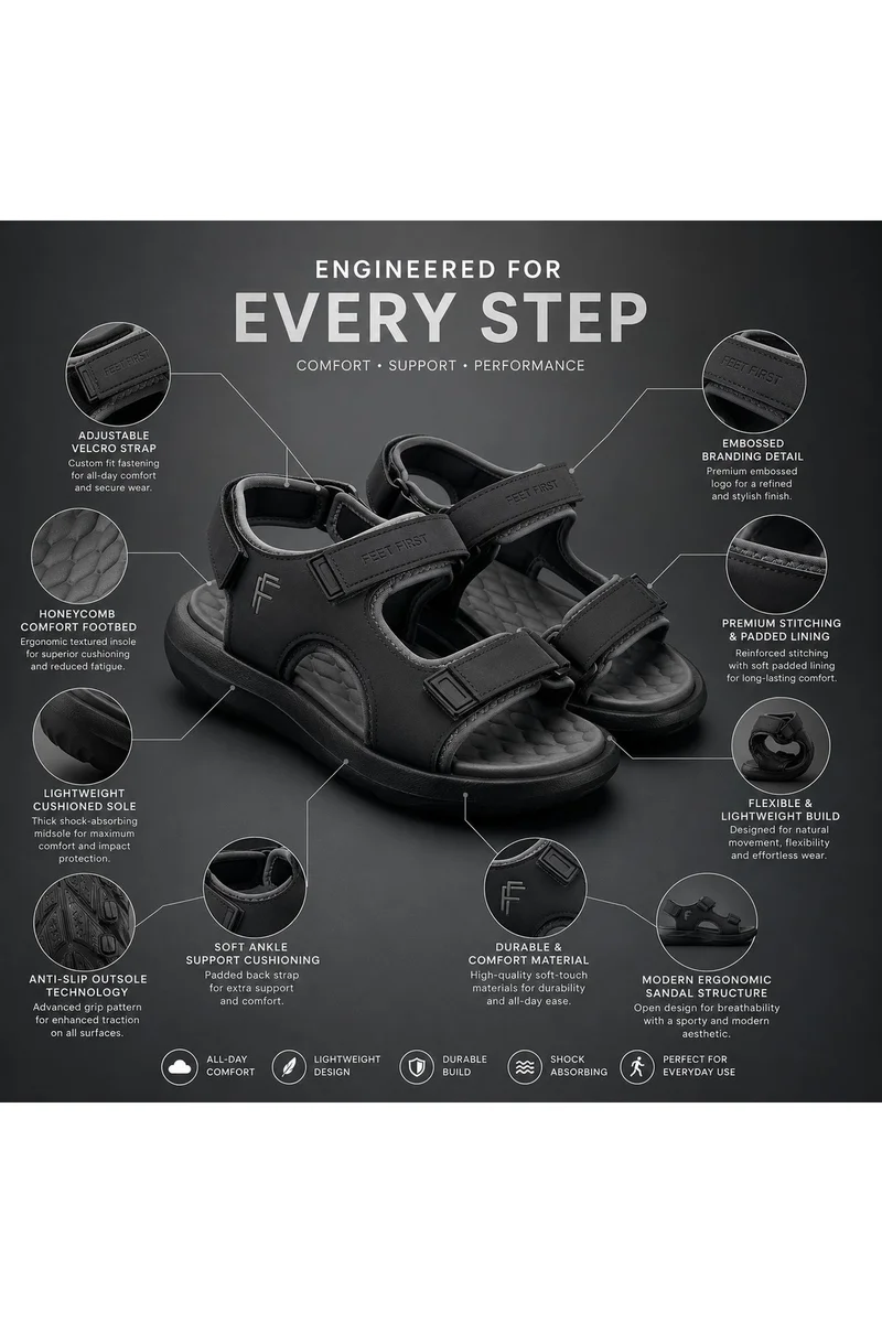 Feet First Men’s Sports Sandals with Adjustable Velcro Straps – Lightweight Comfort Outdoor Walking Sandals