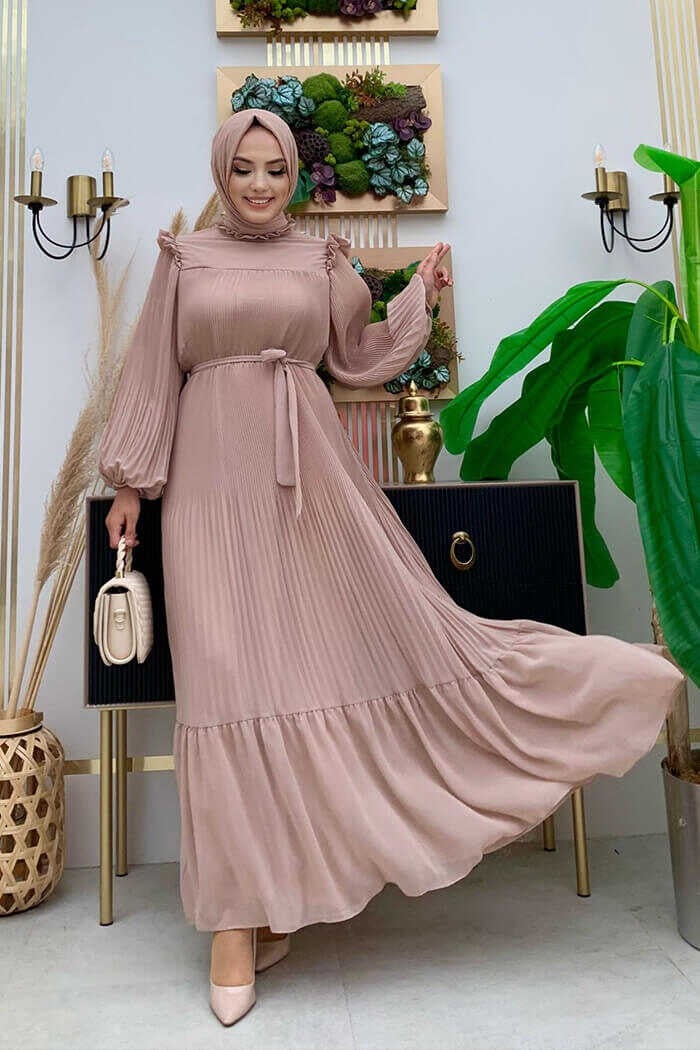 Bym Fashion Bym Pleated Ruffle Look Waist Belted Chiffon Dress 3628 Stone - Image 1