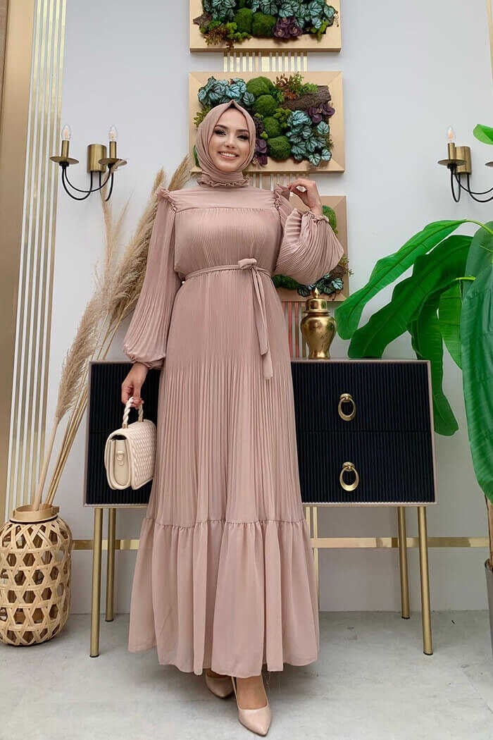 Bym Fashion Bym Pleated Ruffle Look Waist Belted Chiffon Dress 3628 Stone - Image 2
