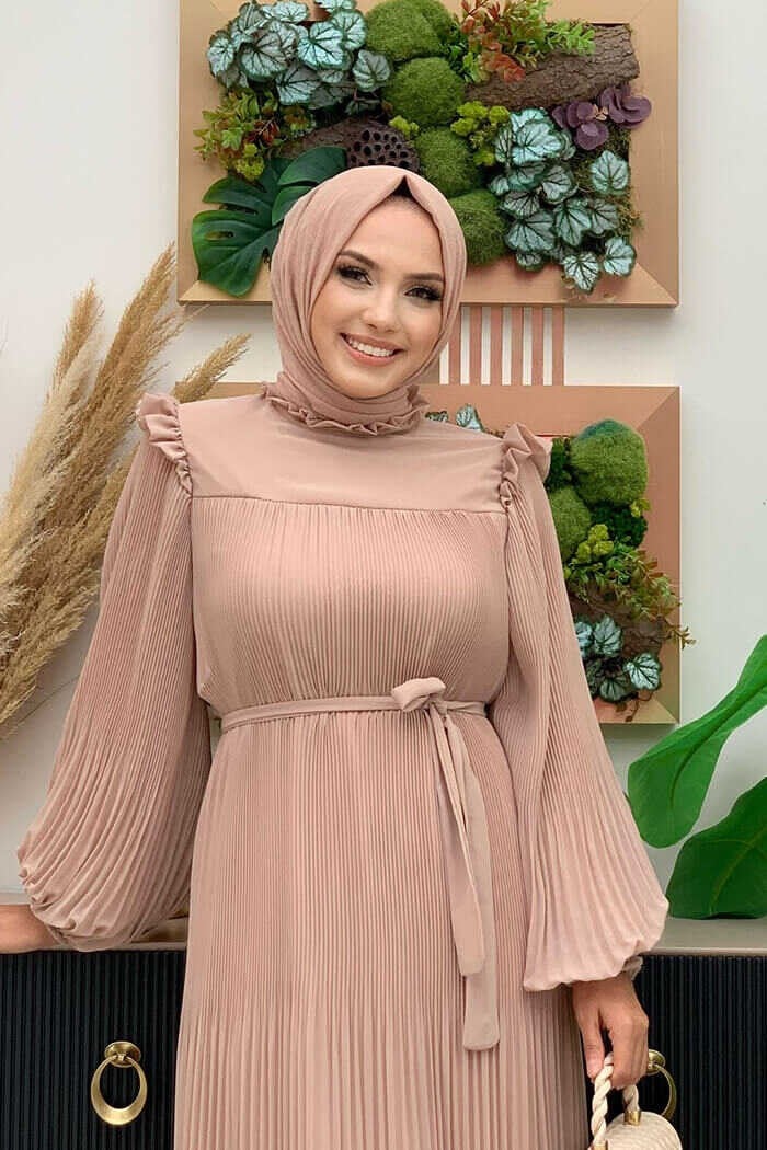 Bym Fashion Bym Pleated Ruffle Look Waist Belted Chiffon Dress 3628 Stone - Image 4