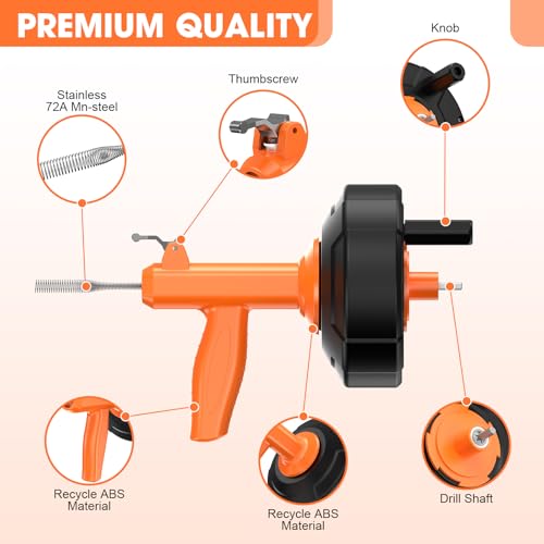 BACEYIOU Drain Snake, Drain Auger with Drill Attachment, 25 Feet Plumbing Snake Auto Feed Flexible Hair Drain Clog Remover for Kitchen, Bathrom and Shower Sink with Gloves - Image 4