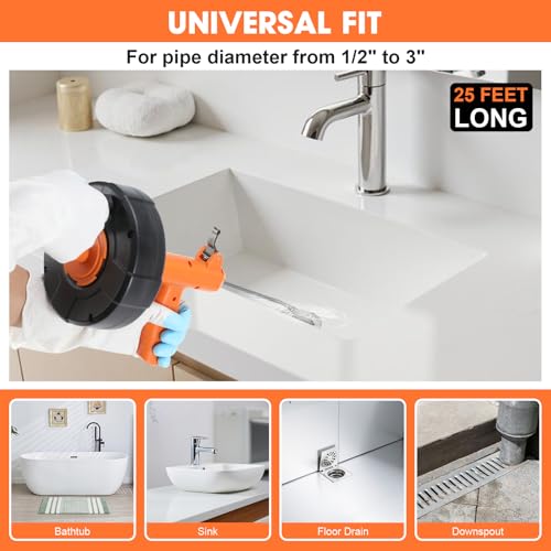 BACEYIOU Drain Snake, Drain Auger with Drill Attachment, 25 Feet Plumbing Snake Auto Feed Flexible Hair Drain Clog Remover for Kitchen, Bathrom and Shower Sink with Gloves - Image 2