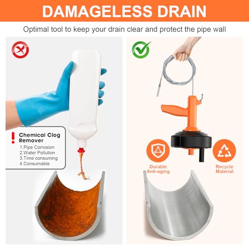 BACEYIOU Drain Snake, Drain Auger with Drill Attachment, 25 Feet Plumbing Snake Auto Feed Flexible Hair Drain Clog Remover for Kitchen, Bathrom and Shower Sink with Gloves - Image 5