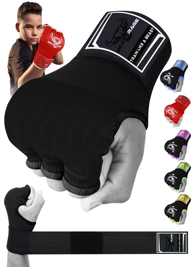 BEAST RAGE Boxing Wraps Hand Gel Gloves MMA 75cm Long Wrap Padded Elasticated Quick Boxing Punching Bag Training Muay Thai Hand Wraps set UFC Bandages For Mens Ladies kids (Kids Junior, Black) - Image 1
