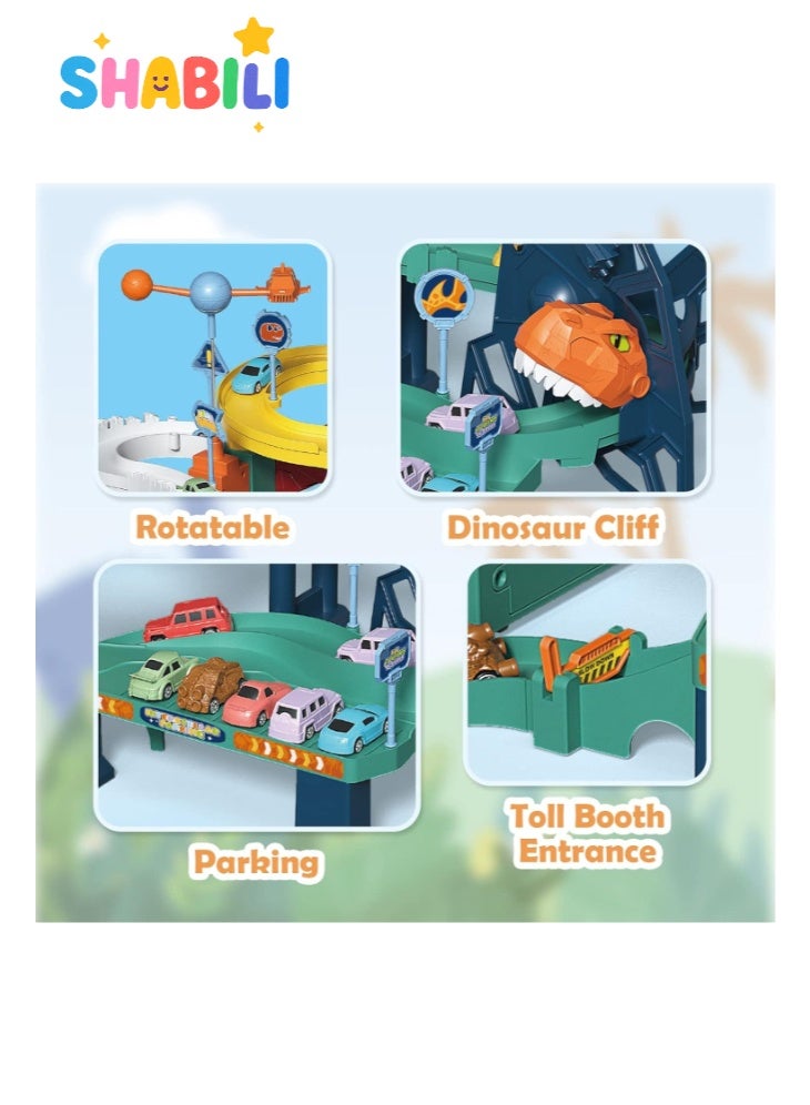 شبيلي لعبة مضمار ديناصورات فضائي كهربائي للأطفال، مسار ABS مع 4 سيارات صغيرة وخريطة ومركبة فضائية دوّارة، أضواء وموسيقى يعمل بـ 3 بطاريات AA، لعبة تعليمية هدية عيد ميلاد للأولاد والبنات (أزرق) - Image 3