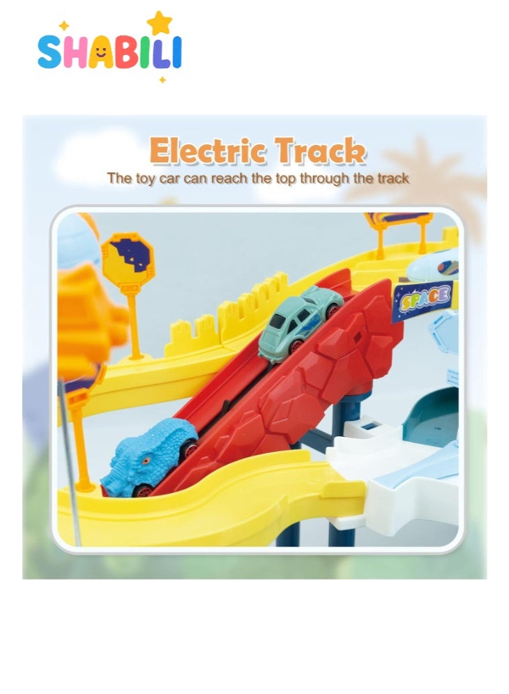 شبيلي لعبة مضمار ديناصورات فضائي كهربائي للأطفال، مسار ABS مع 4 سيارات صغيرة وخريطة ومركبة فضائية دوّارة، أضواء وموسيقى يعمل بـ 3 بطاريات AA، لعبة تعليمية هدية عيد ميلاد للأولاد والبنات (أزرق) - Image 4