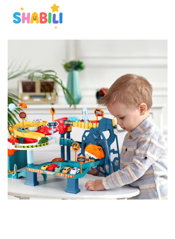 شبيلي لعبة مضمار ديناصورات فضائي كهربائي للأطفال، مسار ABS مع 4 سيارات صغيرة وخريطة ومركبة فضائية دوّارة، أضواء وموسيقى يعمل بـ 3 بطاريات AA، لعبة تعليمية هدية عيد ميلاد للأولاد والبنات (أزرق) - Image 2