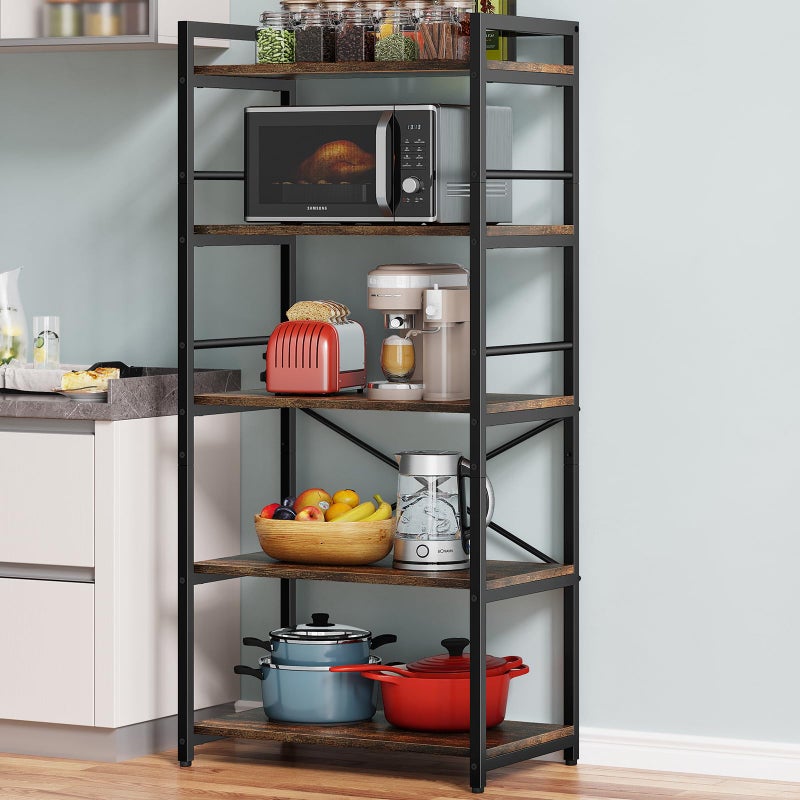 Denkee Denkee 5Tier Bakers Rack for Kitchen with Storage Industrial Microwave Stand Shelf Coffee Bar for Small Spaces Free Standing Kitchen Storage Shelf Rack 2362 L x 1575 W x 6024 H