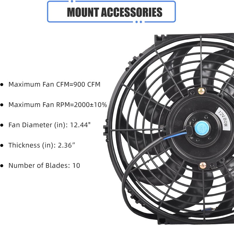 GESEXI 12 Inch Slim Fan Push Pull Electric Radiator Cooling Fan Universal High Performance 12V 80W Motor with Fan Mounting Kit (Black) - Image 3