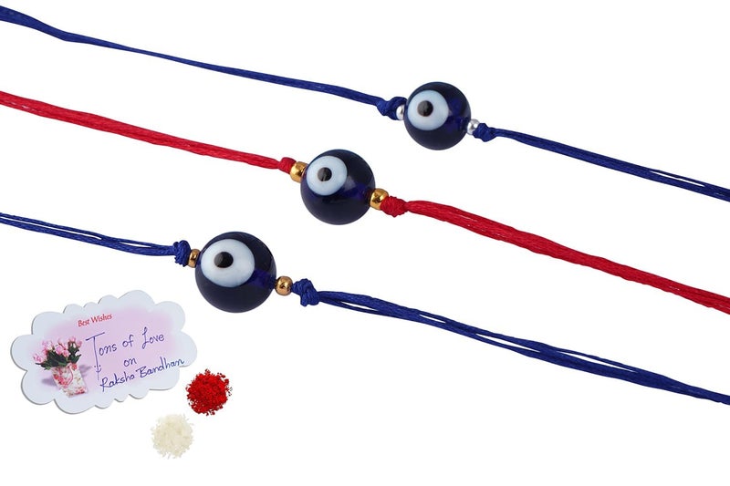 JFL Mens - Jewellery for Less Combo of 3 Evil Eye Rakhi for Rakshabandhan Festival Bhaiya, Bhai Rakhi Handcrafted with Hand Written Card and Roli Chawal, Adjustable. - Image 1