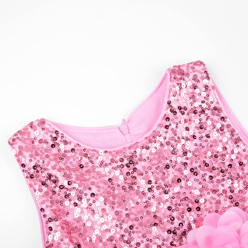 Uhnice Little Girl's Sequin Sleeveless Mesh Rainbow Dress for Wedding Party (5 Years, Pink) - Image 4
