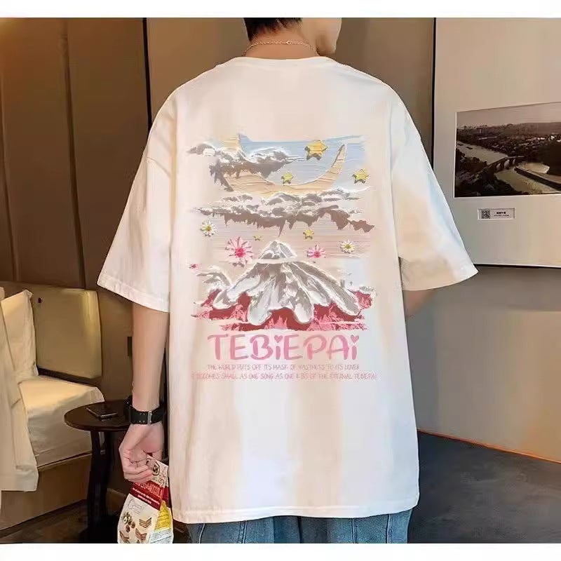 American Fashion Pure Cotton Short-Sleeved T-Shirt Men'S Trendy Brand Fashionable Summer Loose High Street Plumpish Handsome Half-Sleeved T-Shirt - Image 2