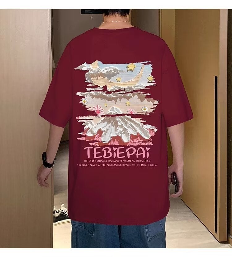 American Fashion Pure Cotton Short-Sleeved T-Shirt Men'S Trendy Brand Fashionable Summer Loose High Street Plumpish Handsome Half-Sleeved T-Shirt - Image 1