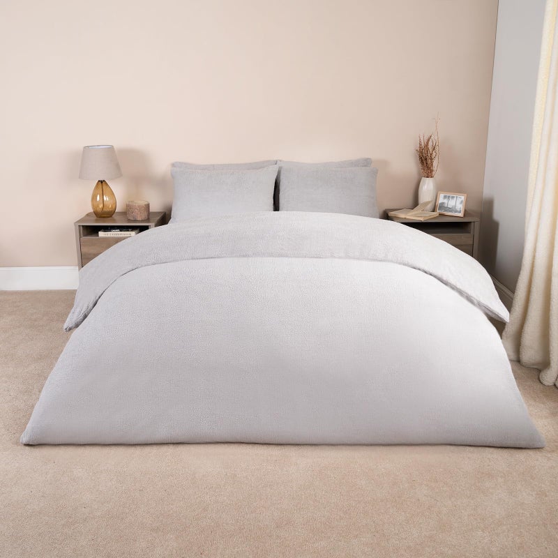 Brentfords Teddy Fleece Duvet Cover with Pillow Case Thermal Fluffy Warm Cosy Soft Bedding Set Grey Silver Double