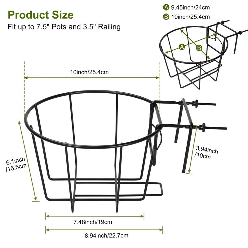 TQVAI 10 Inch Railing Planter - Fit for 1.5 to 3.5 Inches Railing - Adjustable Hanging Planters Outdoor Balcony Deck Flower Pot Holder Metal Baskets for Garden Orchid, Patio Ledge, 3 Pack, Black - Image 3