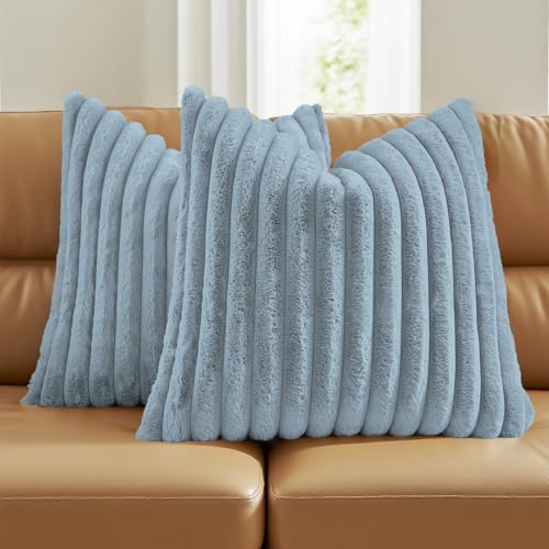 FUTEI Pack of 2 Fluffy Faux Fur Throw Pillow Covers 18x18 Inch Elegant Striped Textured Decorative Cushion Cases Modern Accent Pillow for Couch Bed Living Room Dusty Blue - Image 1