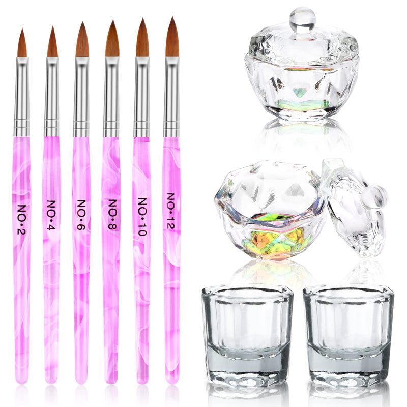 Acrylic Nail Brush and Dappen Dish Set  6PCS Art Pen and 4PCS Crystal Dish for Manicure  Bowl Cup Glass Container for Liquid Tool Kit