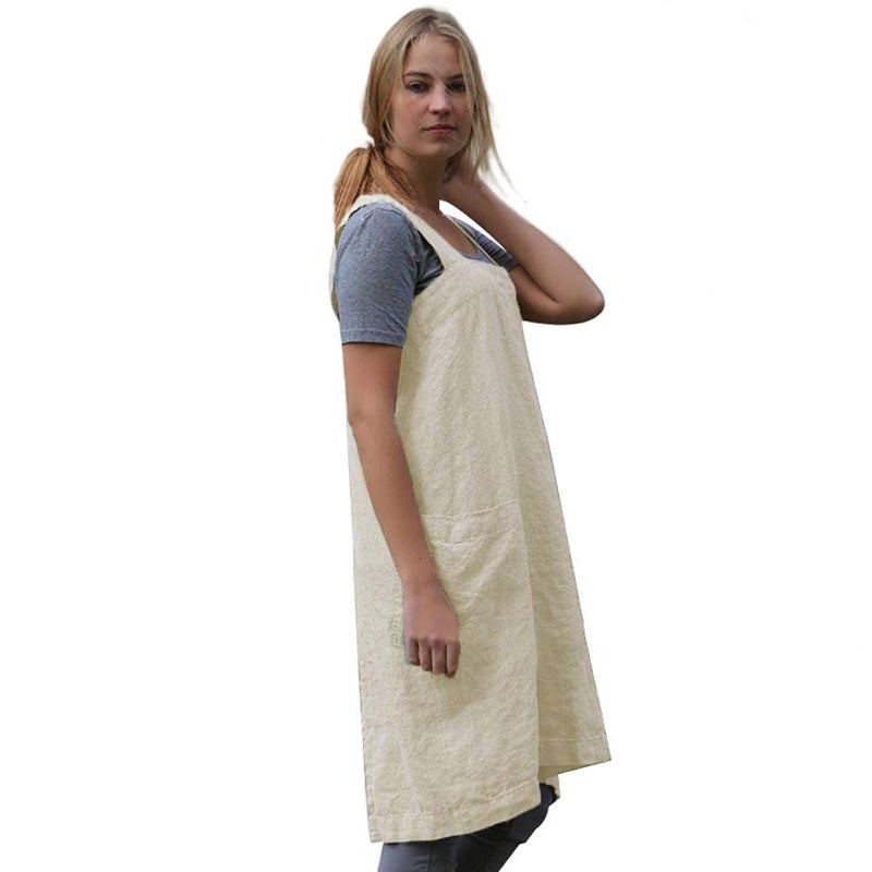 Larmliss Women 's Pinafore Square Apron Baking Cooking Gardening Works Cross Back Cotton/Linen Blend Dress with 2 Pockets Apricot-2XL - Image 4